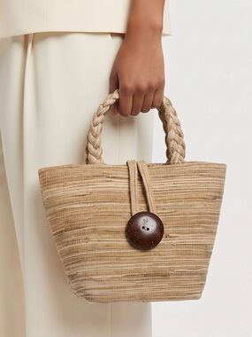 Putu by J MacLear Natural Straw Mini Tote Braided Top Handle Coconut Closure NWT